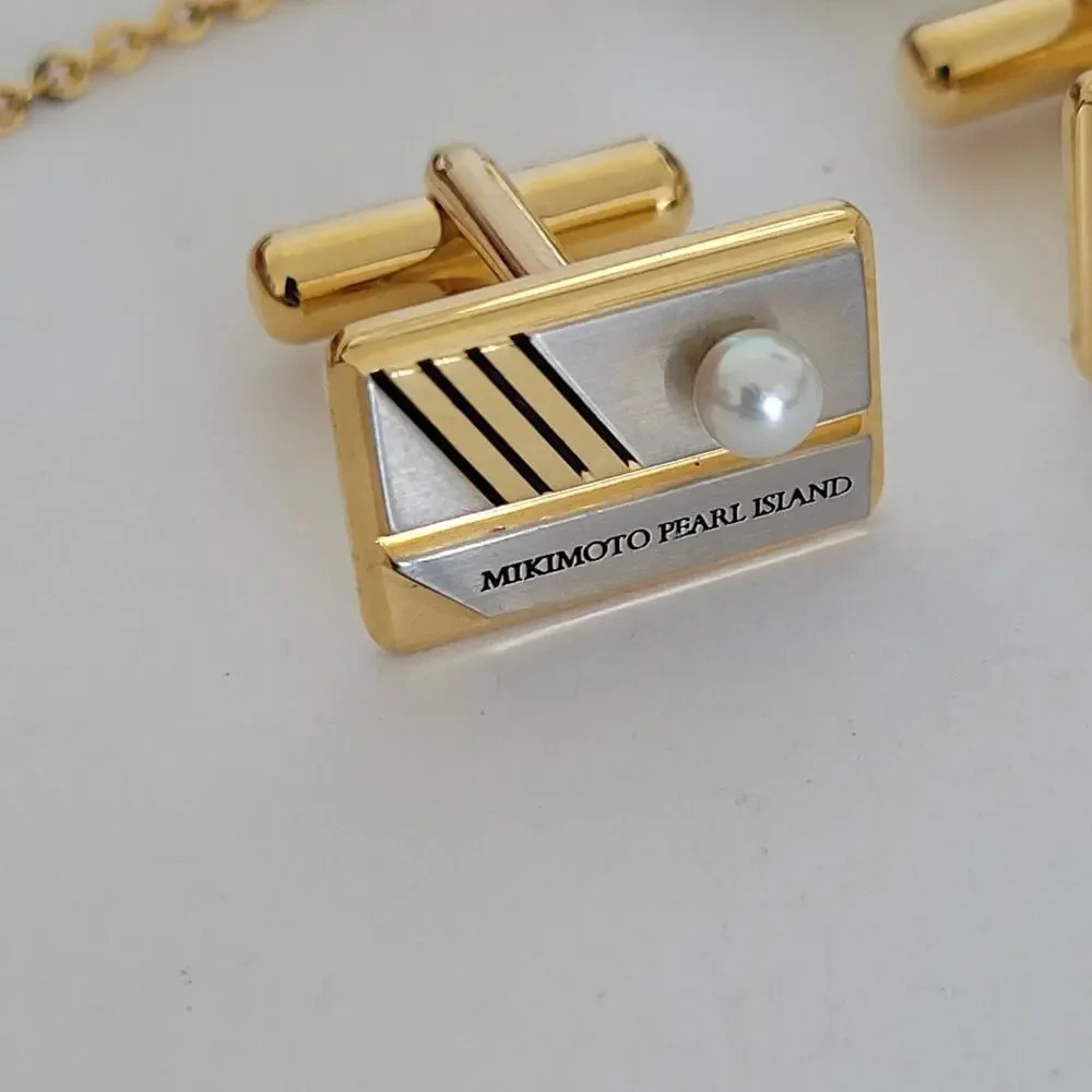 MIKIMOTO Tie Pin Bar and Cufflinks with Geniue Acoya Pearl Set Gold Silver Tone
